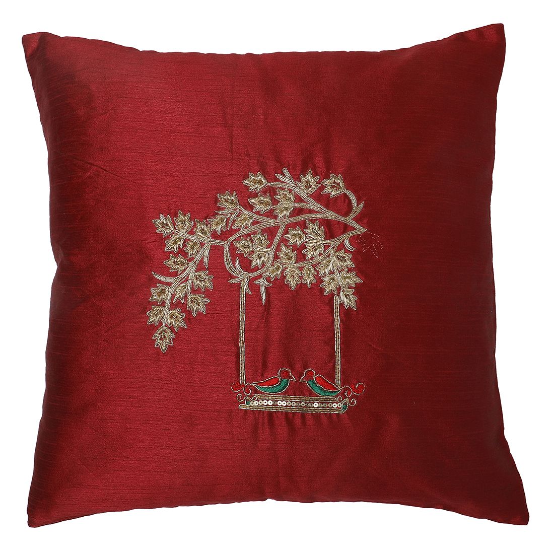 The Cocotier® Pure Silk Cushion Cover with Handwork, zardozi Embroidery, Bird Motif,Zip Closure (Maroon,16 X 16)…