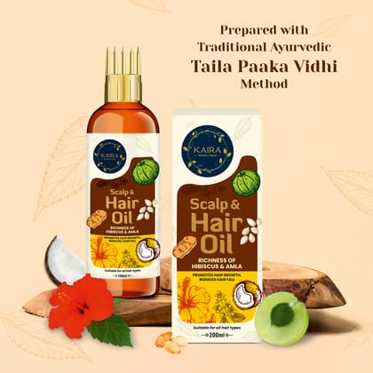 Kaira Scalp and Hair Oil with Richness of Hibiscus & Amla |100% Natural & Ayurvedic Hair Oil | Pure Cold-Pressed Oil Blends | Made with Taila Paka Vidhi | Promotes Hair Growth and Reduces Hair Fall | 200ml