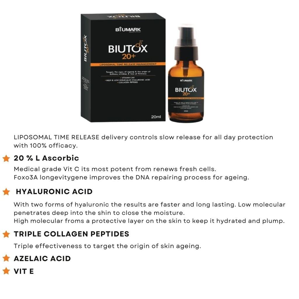BIUTOX 20 Vitamin C Serum for Moisturising Skin, lightening & brightening effect | Reduces fine lines, wrinkles, age spots | Serum for Young Glowing Skin | Vita c Enriched Serum for Face - 20 ml