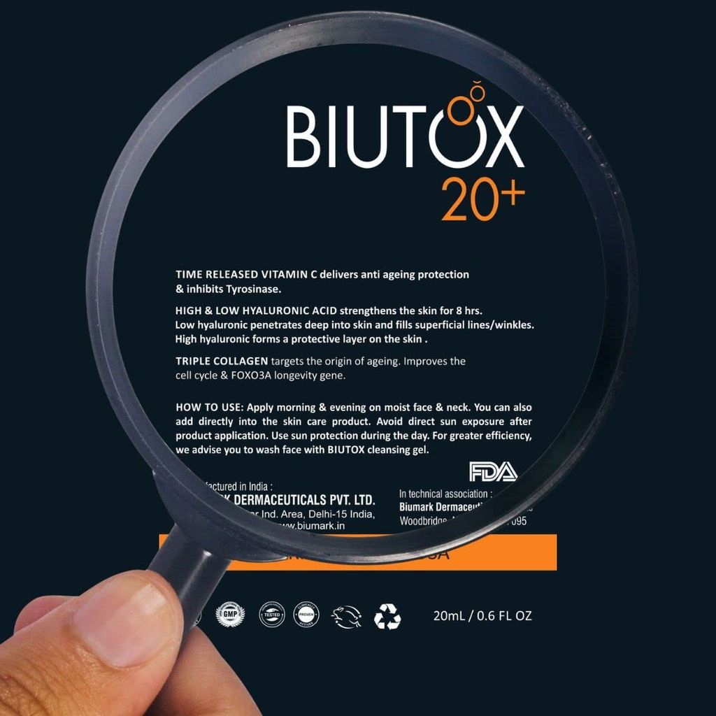 BIUTOX 20 Vitamin C Serum for Moisturising Skin, lightening & brightening effect | Reduces fine lines, wrinkles, age spots | Serum for Young Glowing Skin | Vita c Enriched Serum for Face - 20 ml