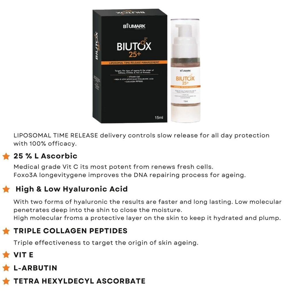 BIUTOX 25 Vitamin C Serum for Moisturising Skin, lightening & brightening effect | Serum for prevent Fine lines and Wriknkle | Serum for Reduce Sign of Ageing | Ultra Glow Serum - 15 ml