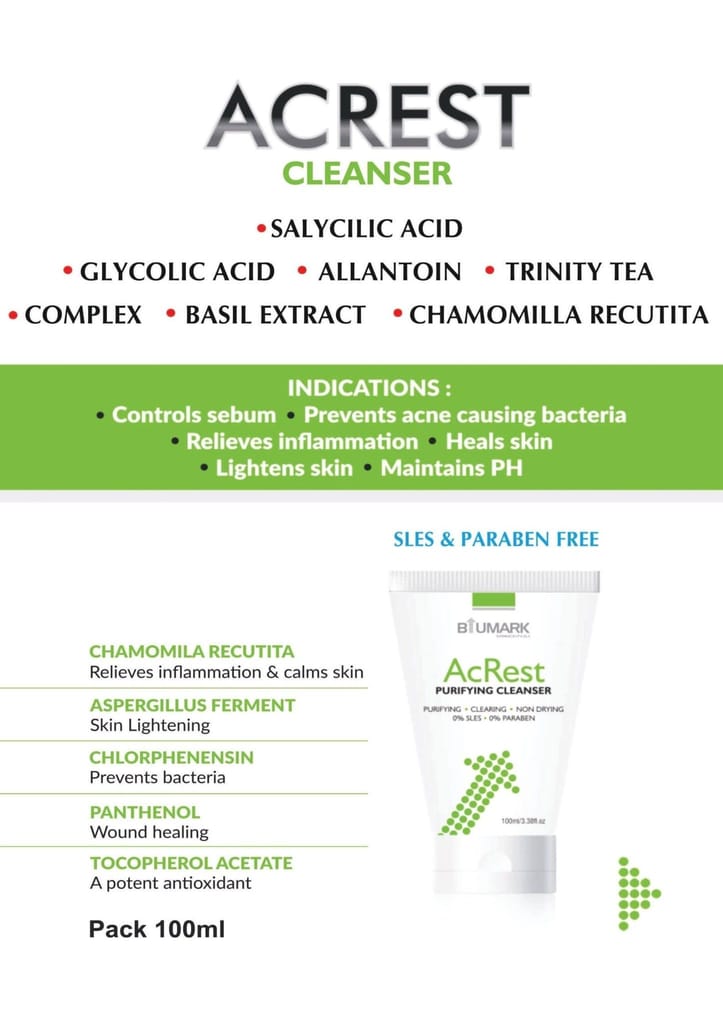 Acrest Face Cleanser for Acne | AHA & BHA | Exfoliate blackheads for Controls oil production | Non-drying cleanser | Pimples free flawless skin | Tea Tree acne clearing cleanser | Acne free flawless skin cleanser- 100ml