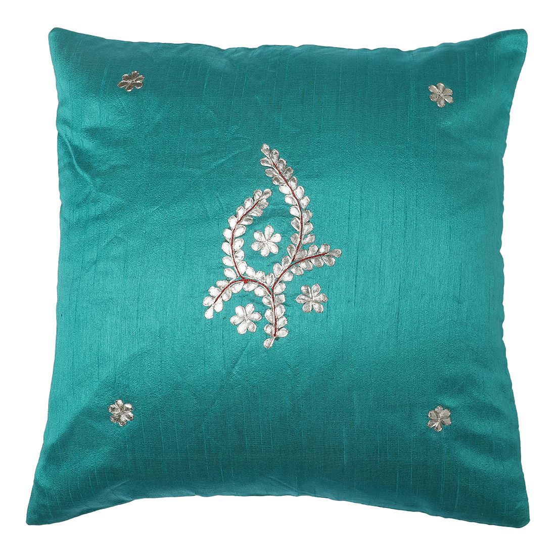 The Cocotier® Pure Silk Cushion Cover with Hand Embroidery, Gotta Patti Work, Thread Work, Traditional Design,Zip Closure (Sea Green,16 X 16) | Cushion Covers 16inch X 16inch, Cushion Cover for Sofa.