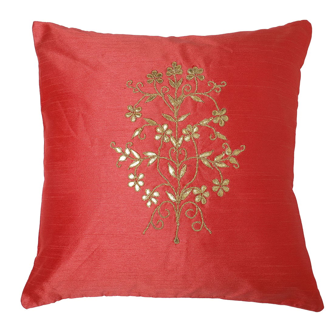 The Cocotier® Pure Silk Cushion Cover, Gotta Patti and dori Work, Traditional Motif, Hand Embroidery, Zip Closure. (Carrot red,16 X 16)