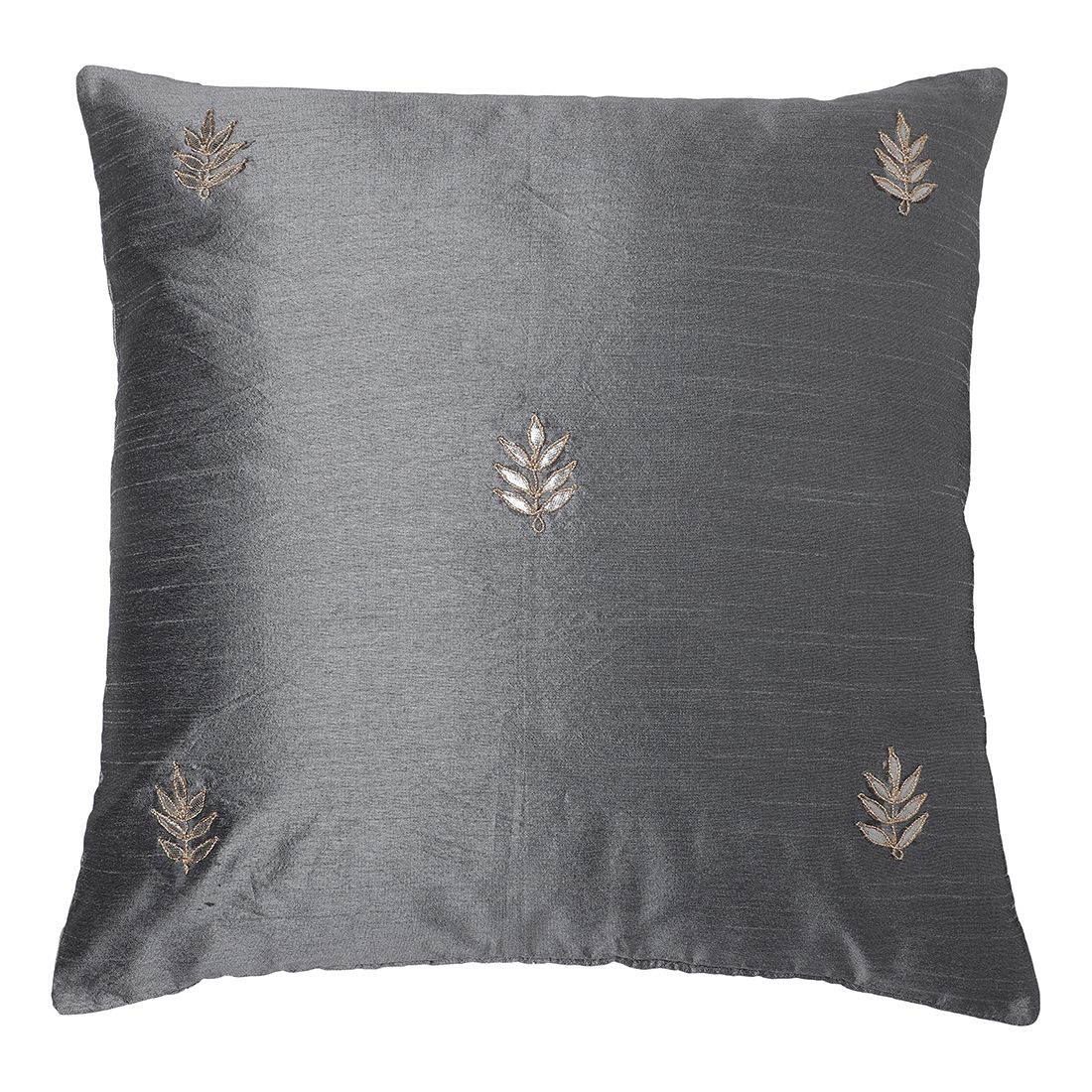 The Cocotier® Silk Cushion Cover with Hand Embroidery, Gotta Patti Work, Small Motifs, Zip Closure. (Grey,16 X 16).