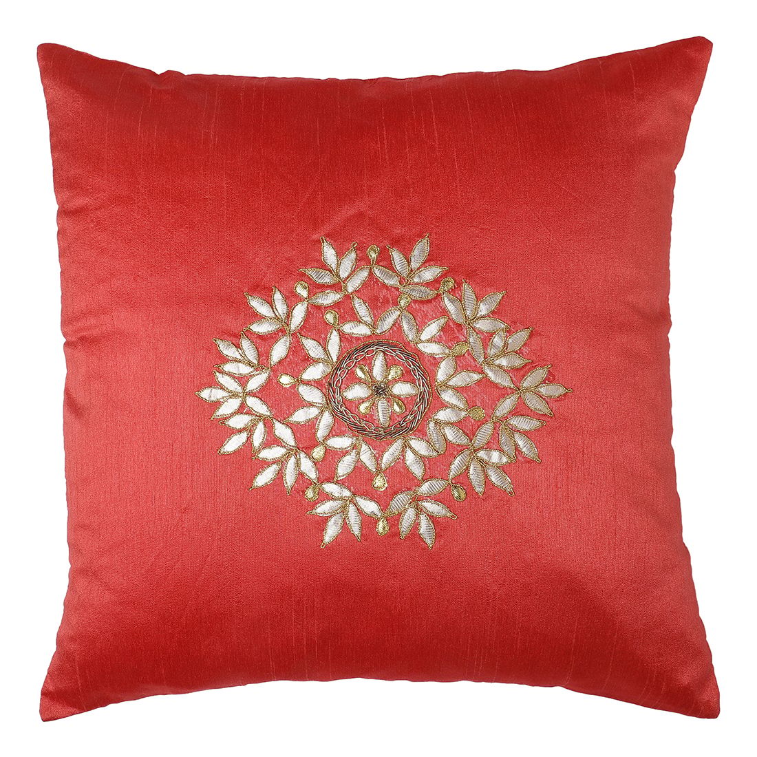The Cocotier® Pure Silk Cushion Cover with Hand Embroidery, Gotta Patti Work, Zip Closure. (Carrot red,16 X 16) | Cushion Cover for Sofa, Sofa Cushion.