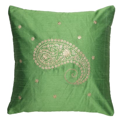 The Cocotier® Pure Silk Cushion Cover with Hand Embroidery, Pitta Work, Traditional Design, Zip Closure. (Green,16 X 16).