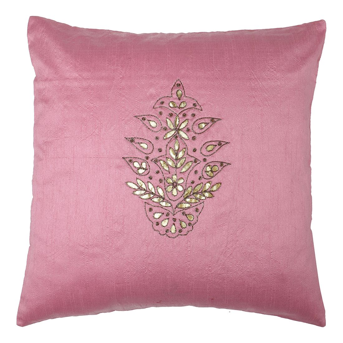 The Cocotier® Pure Silk Cushion Cover with Hand Embroiderd, Gotta Patti with Thread Work, mughal Design, Zip Closure. (Pink,16 X 16) | Cushion Covers 16inch X 16inch.