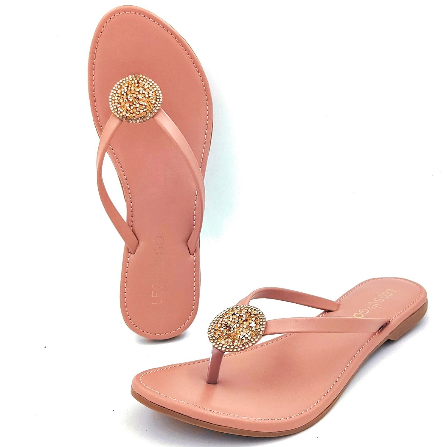 LEGS GO Peach Round Stone on Straps Sandals for Women  Casual and Ethnic Wear