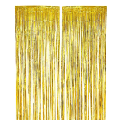 BLODLE Golden Fringe Foil Curtains, 2 Pack Golden Backdrop Foil Curtains, Metallic Backdrop Streamer for Baby Shower, Party Birthday - (Pack of 2 Pcs)