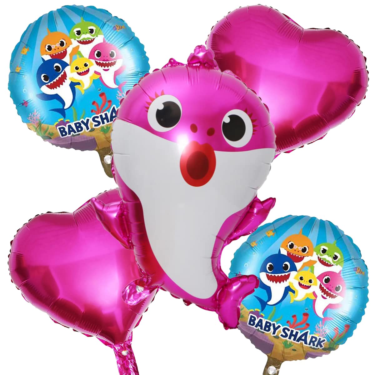BLODLE Cute Underwater Pink Baby Shark Foil Balloon Bouquet 5Pcs