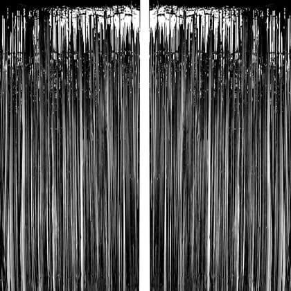 BLODLE Black Fringe Foil Curtains, 2 Pack Black Backdrop Foil Curtains, Metallic Backdrop Streamer for Baby Shower, Party Birthday - (Pack of 2 Pcs)