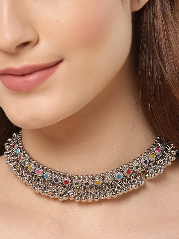 ARADHYA Stylish Silver Ghugroo Beads Oxidised Necklace