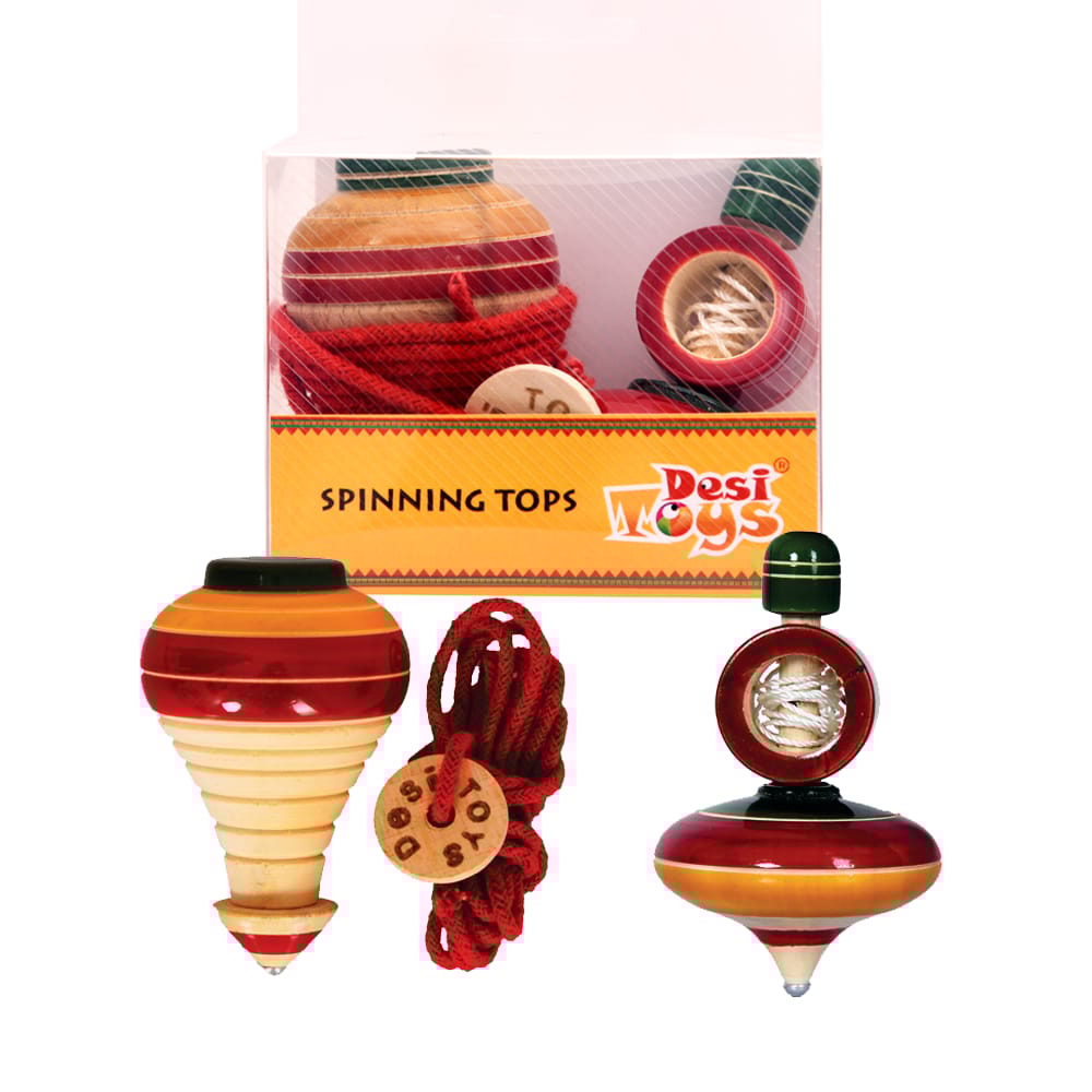Desi Toys Spinning Tops | Lattu | Bhawra | Windup Top | Bambaram | Pack of 2 | Traditional Indian Game | Classic Nostalgic Outdoor Games | Fun & Therapeutic | for Kids & Adults | for 6 Years & Up