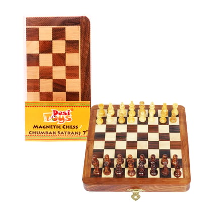 Desi Toys Foldable Magnetic Chess Board Set | Size - 7x7 inches | Wooden Boards | Handcrafted Satranj Game Board | Two Players Game | Indoor Games for Kids, Adults & Beginners | Brain Exercise Games