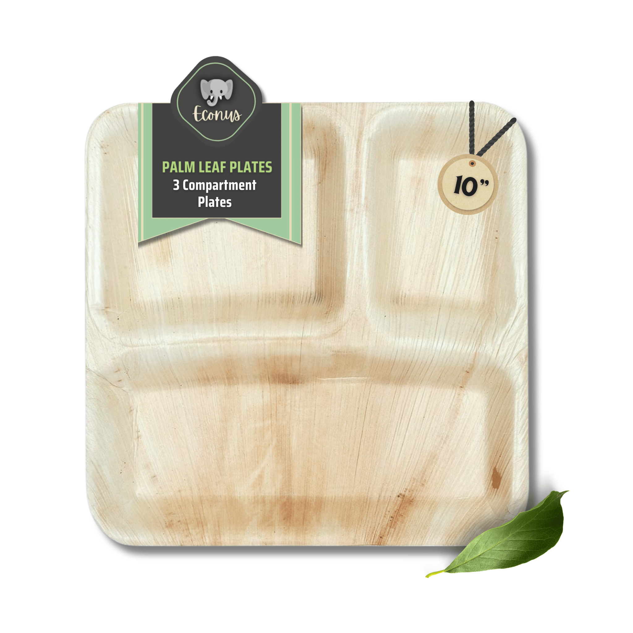 ECONUS [10 Inch, 25-Pack 3 Compartment Palm Leaf Square Plates | Disposable Eco-Friendly Biodegradable Like Bamboo Plates | Party, Wedding, Event Plates