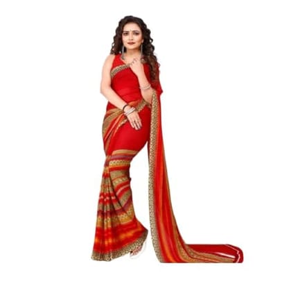 KHUSHBOO DESIGNERS Women's Solid Georgette 5.5 Meter Saree with Unstitched Blouse Piece [Red]