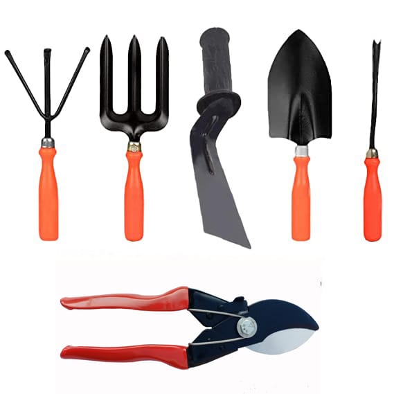 Pruner Khurpi Trowel Fork Cultivator Weeder Garden Tool Kit (6 Tools)