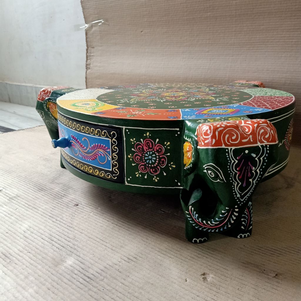 Rajasthani Wooden Chowki for Puja / Bajot Living Room Elephant Shaped