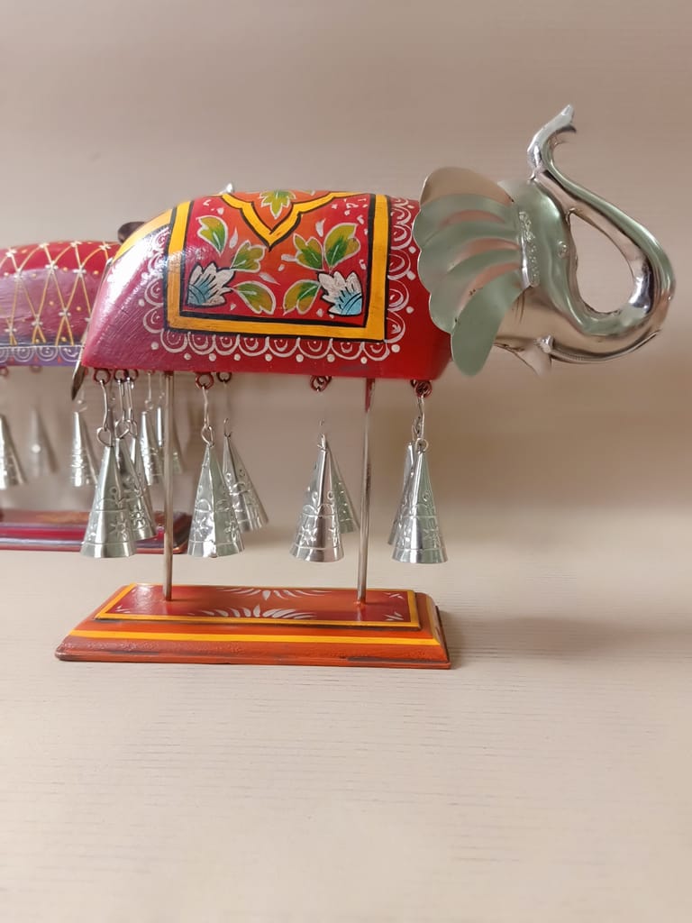Hand Painted Wood and Metal 10 Bell Elephant Showpiece