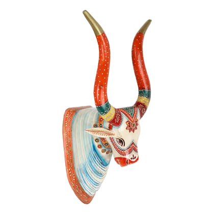 The Cocotier® Nandi-Inspired Multicolor Hand-Painted Cow Head With White Base | Wooden Animal Heads are a Beautiful and Unique Addition to Any Home or Office Decor.