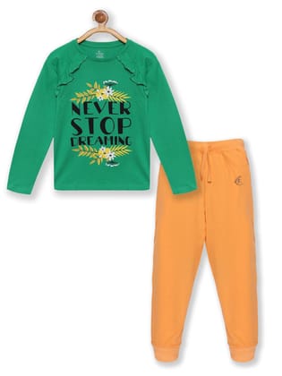 Girls Printed Tee With Frill Yoke & Solid Track Pant Set