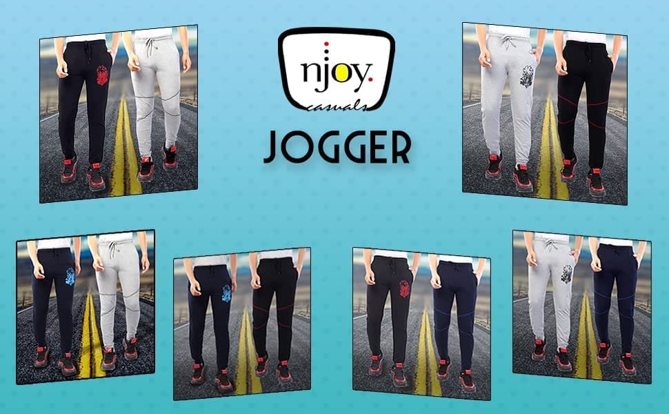 njoy Boy's Pure Cotton Solid Jogger Track Pants with 2 Side Pocket| Tapered Slim Fit | Casual/Sports Wear Lowers (Colour: Black, Navy Blue Print, Grey Print, Pack of 3)