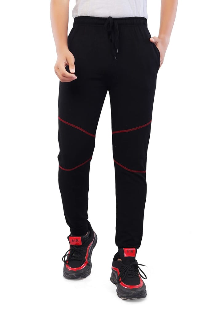 njoy Boy's Pure Cotton Solid Jogger Track Pants with 2 Side Pocket| Tapered Slim Fit | Casual/Sports Wear Lowers (Colour: Black, Navy Blue Print, Grey Print, Pack of 3)