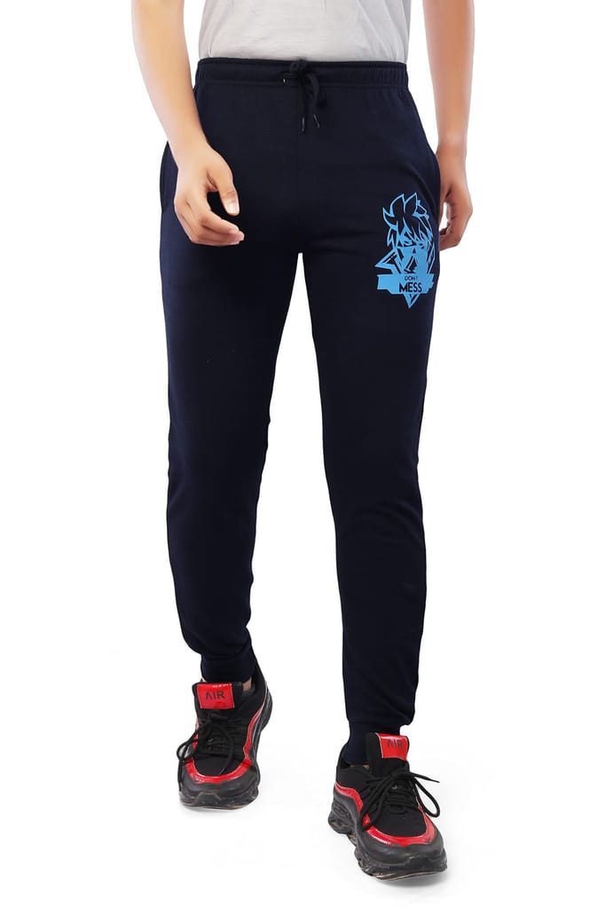 njoy Boy's Pure Cotton Solid Jogger Track Pants with 2 Side Pocket| Tapered Slim Fit | Casual/Sports Wear Lowers (Colour: Black, Navy Blue Print, Grey Print, Pack of 3)