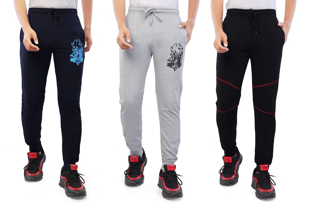 njoy Boy's Pure Cotton Solid Jogger Track Pants with 2 Side Pocket| Tapered Slim Fit | Casual/Sports Wear Lowers (Colour: Black, Navy Blue Print, Grey Print, Pack of 3)