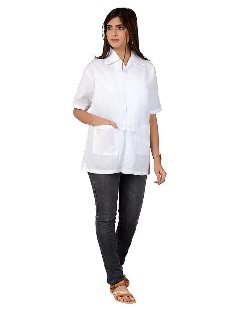 njoy Women's Solid Polycotton Half Sleeve Lab Coat with 2 Pockets for Students
