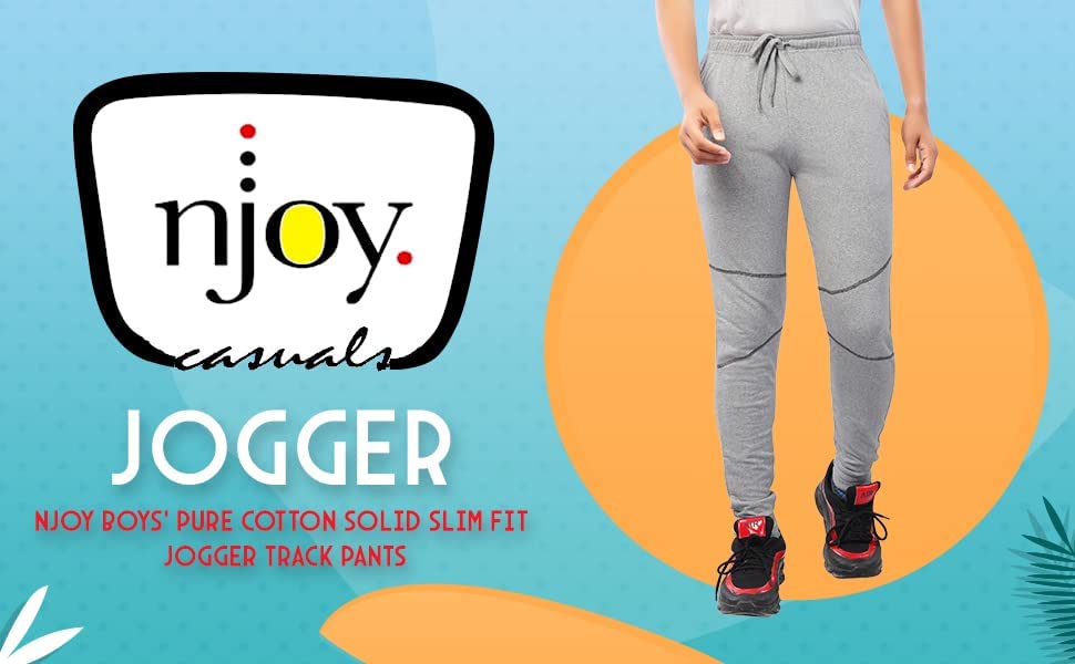 Njoy Boy's Pure Cotton Solid Jogger Track Pants with 2 Side Pocket| Tapered Slim Fit | Casual/Sports Wear Lowers/Trousers/Tracksuit (Colour: Black, Navy Blue, Grey)