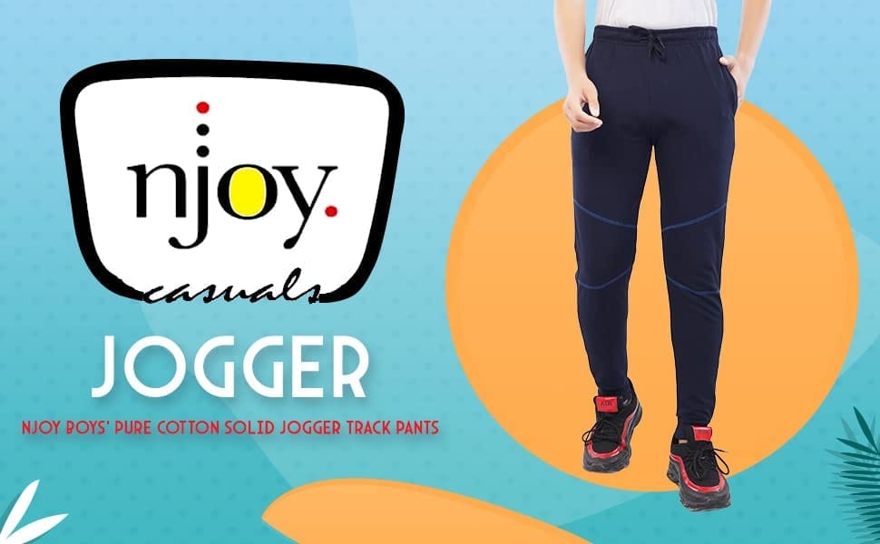 Njoy Boy's Pure Cotton Solid Jogger Track Pants with 2 Side Pocket| Tapered Slim Fit | Casual/Sports Wear Lowers/Trousers/Tracksuit (Colour: Black, Navy Blue, Grey)