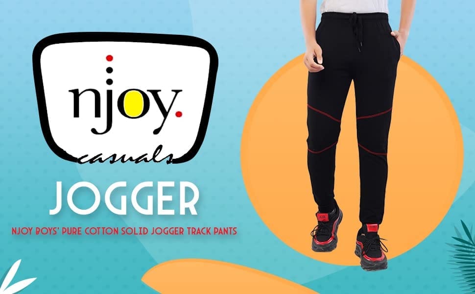 Njoy Boy's Pure Cotton Solid Jogger Track Pants with 2 Side Pocket| Tapered Slim Fit | Casual/Sports Wear Lowers/Trousers/Tracksuit (Colour: Black, Navy Blue, Grey)