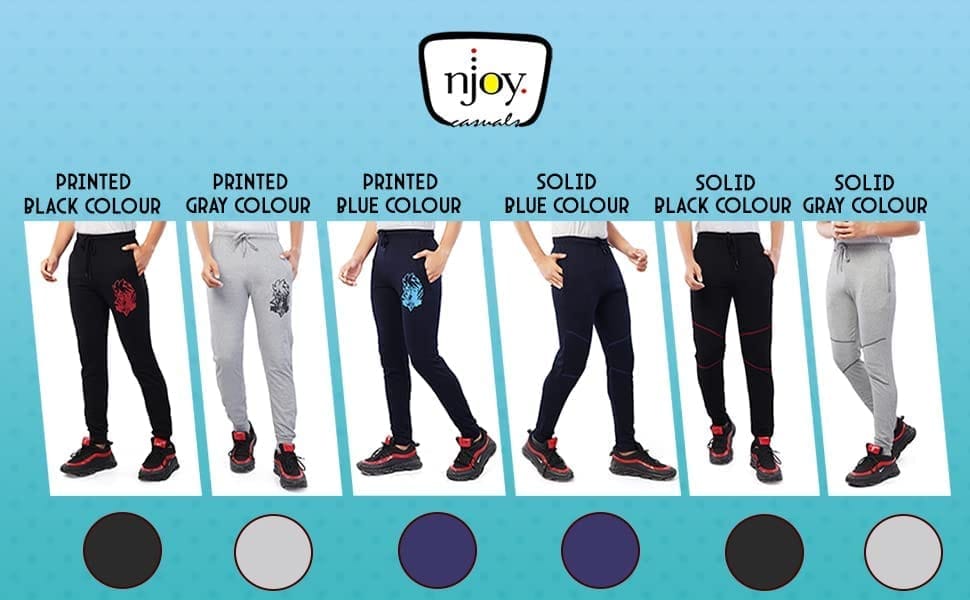 Njoy Boy's Pure Cotton Solid Jogger Track Pants with 2 Side Pocket| Tapered Slim Fit | Casual/Sports Wear Lowers/Trousers/Tracksuit (Colour: Black, Navy Blue, Grey)
