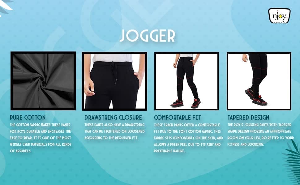 njoy Boy's Pure Cotton Printed Jogger Track Pants with 2 Side Pocket| Tapered Slim Fit | Casual/Sports Wear Lowers (Colour: Black Print,Navy Blue Print,Grey Print, Pack of 3)