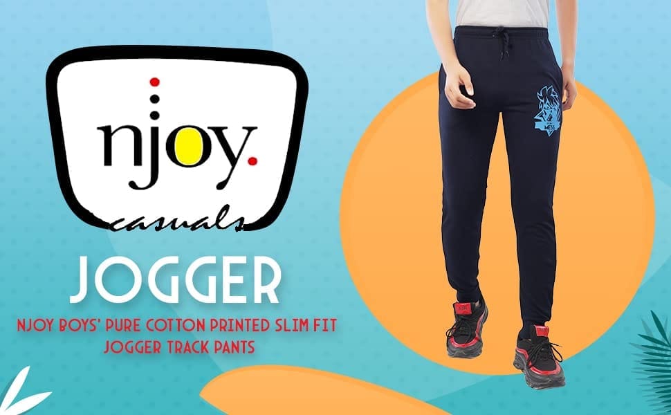 njoy Boy's Pure Cotton Printed Jogger Track Pants with 2 Side Pocket| Tapered Slim Fit | Casual/Sports Wear Lowers/Trousers/Tracksuit (Colour: Black, Navy Blue, Grey)