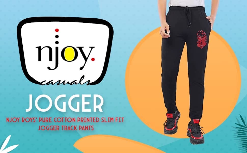 njoy Boy's Pure Cotton Printed Jogger Track Pants with 2 Side Pocket| Tapered Slim Fit | Casual/Sports Wear Lowers/Trousers/Tracksuit (Colour: Black, Navy Blue, Grey)