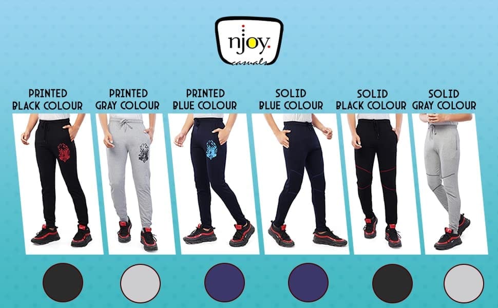 njoy Boy's Pure Cotton Printed Jogger Track Pants with 2 Side Pocket| Tapered Slim Fit | Casual/Sports Wear Lowers/Trousers/Tracksuit (Colour: Black, Navy Blue, Grey)