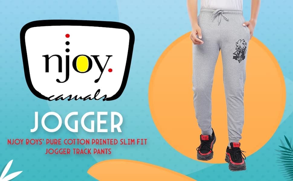 njoy Boy's Pure Cotton Printed Jogger Track Pants with 2 Side Pocket| Tapered Slim Fit | Casual/Sports Wear Lowers/Trousers/Tracksuit (Colour: Black, Navy Blue, Grey)