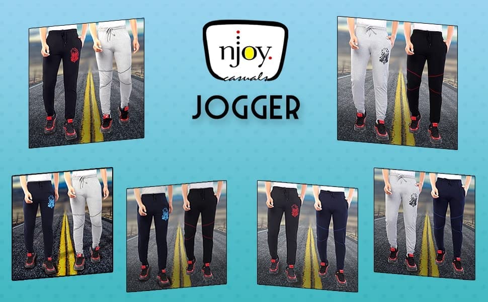 njoy Boy's Pure Cotton Printed Jogger Track Pants with 2 Side Pocket| Tapered Slim Fit | Casual/Sports Wear Lowers/Trousers/Tracksuit (Colour: Black, Navy Blue, Grey)