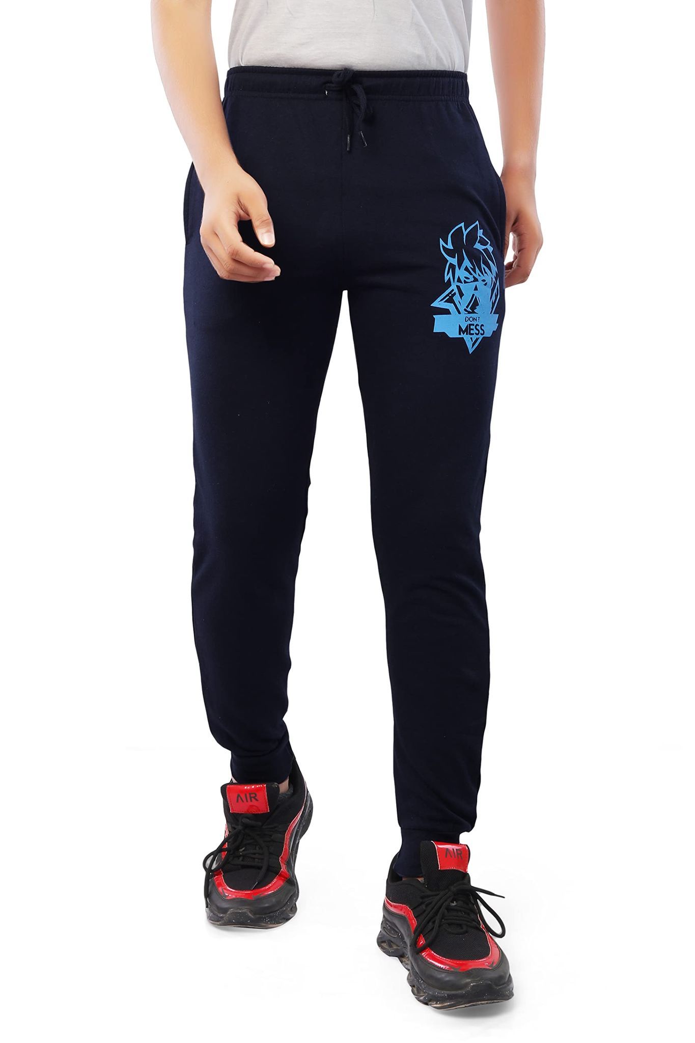 njoy Boy's Pure Cotton Printed Jogger Track Pants with 2 Side Pocket|  Tapered Slim Fit | Casual/Sports Wear Lowers (Colour: Black Print,Navy Blue  Print,Grey Print, Pack of 3)