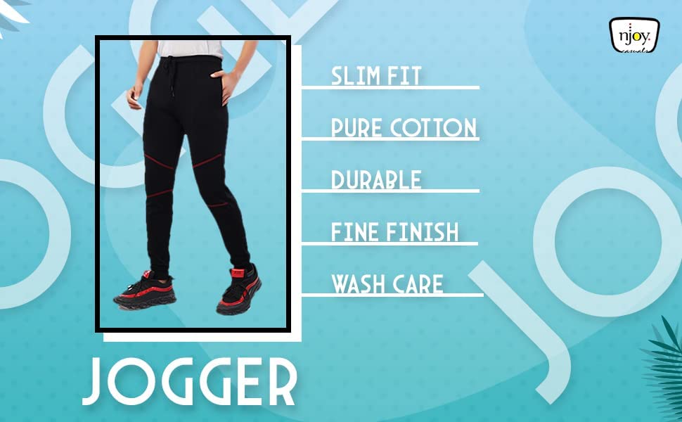 njoy Boy's Pure Cotton Jogger Solid & Printed Track Pants with 2 Side Pocket| Tapered Slim Fit | Casual Sports Wear Lowers/Trousers/Tracksuit (Colour: Black,Navy Blue,Grey,Pack of 2)