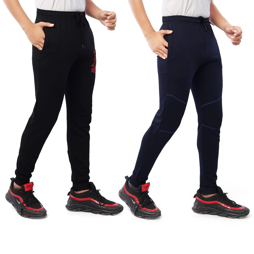 njoy Boy's Pure Cotton Jogger Solid & Printed Track Pants with 2 Side Pocket| Tapered Slim Fit | Casual Sports Wear Lowers/Trousers/Tracksuit (Colour: Black,Navy Blue,Grey,Pack of 2)