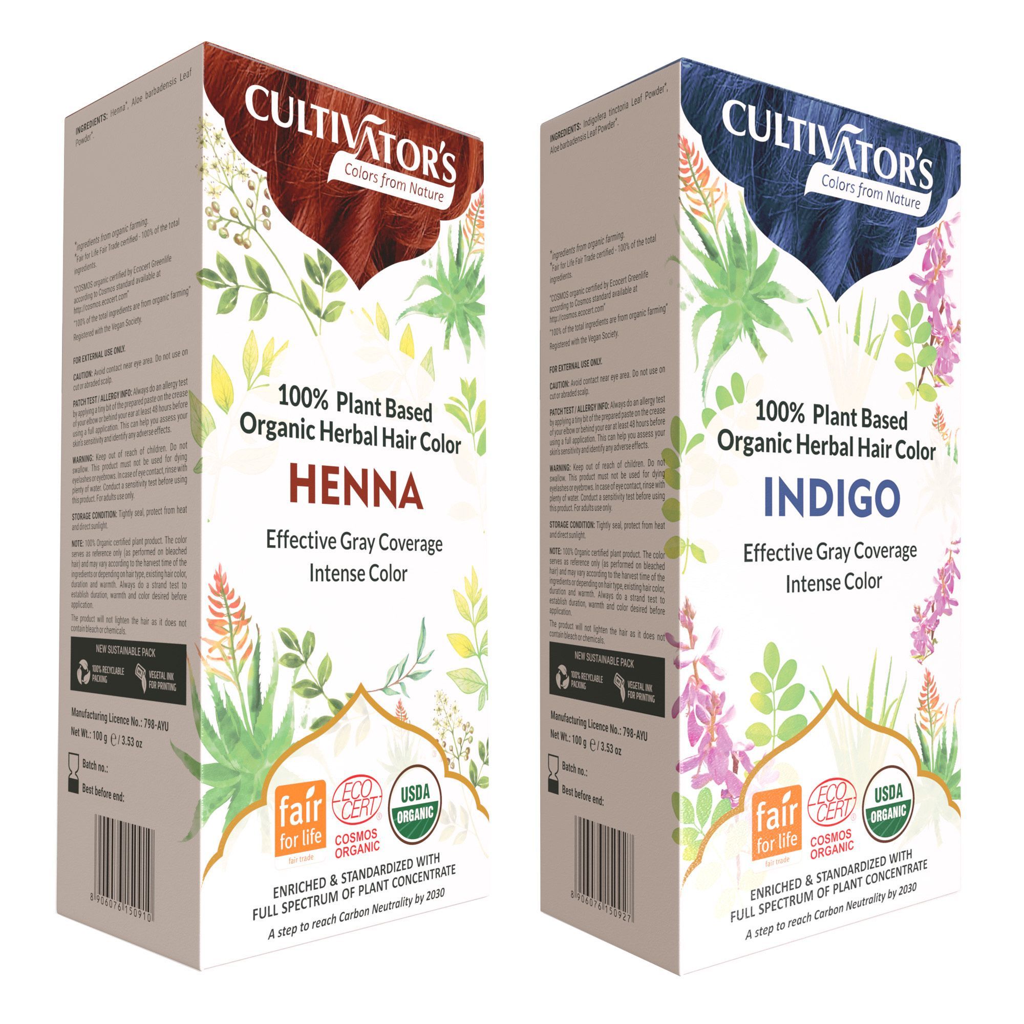 Cultivator's Organic Hair Color Kit (Henna & Indigo) 200g - Two Step Natural Coloring Kit