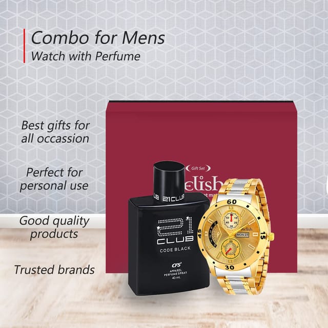 Relish Gold Two Tone Analog Watch with Perfume for Men Combo Pack