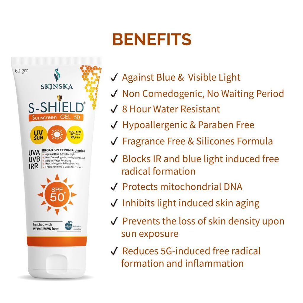 Skinska S-Shield Matte Sunscreen Gel with SPF 50, PA+++ (60gm) with vitamin E, Oil free & water resistant, Non-Irritant, UVA & UVB Protection.