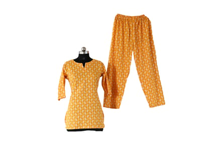 Yellow Jaipuri style block print Kurti and full pants co-ord set made by diffently abled women
