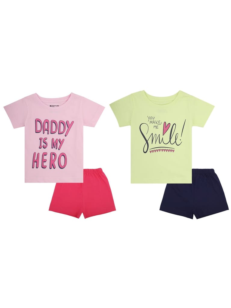 BODYCARE Girls SETS ROUND NECK HALF SLEEVES SOLID YELLOW, NAVY & PINK, FUCHSIA MULTICOLOUR PACK OF 2