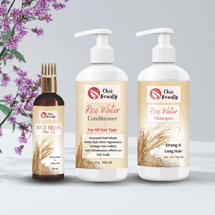 Chic Beauty Hair Care Kit for Long, Shiny and Strong Hair (Rice Bran Hair oil 100ML + Rice Water Shampoo 300ml + Rice Water Conditioner 300ml )